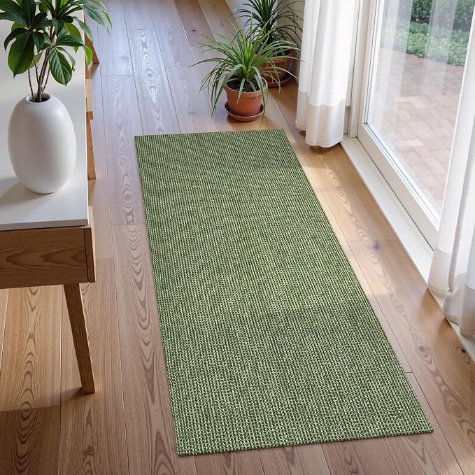 Uphome Kitchen Runner Rug, 2x4'3 Washable Boho Rug Runners for Hallways Non Slip, Low Pile Woven Cotton Modern Carpet Runners, Stain Resistant Bedroom Runner Rug for Hallway Entryway Entrance, Green