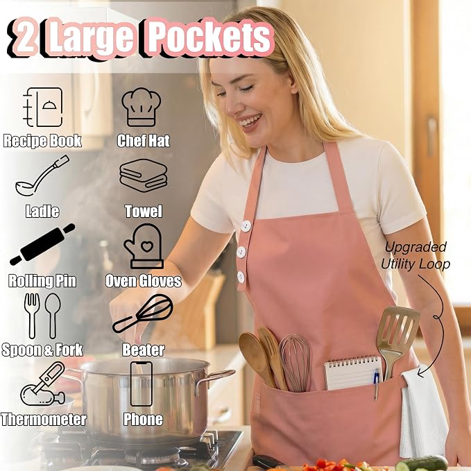 TOSHE Kitchen Apron Waterdrop Resistant Cotton Apron with adjustable Aprons for Women with Pockets 10 Color option Cooking Powder Pink Apron (Powder Pink)