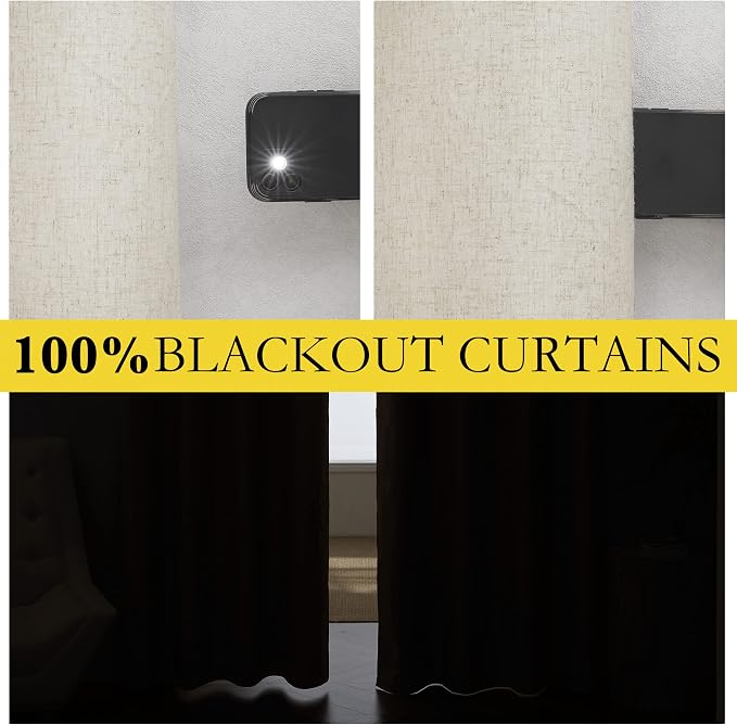 NICETOWN Natural Full Blackout Back Tab Linen Curtains 84" Long 2 Panels, Boho-Chic Thick Linen Blend Drapes for Bedroom, Thermal Insulated Window Covers with White Backing for Cafe Bar (42" Wide)
