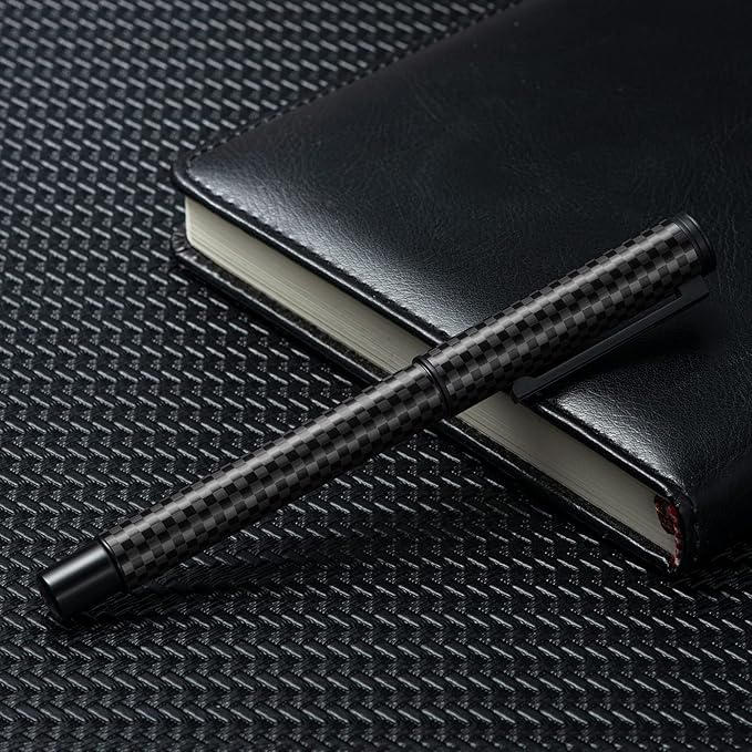 HONG DIAN Black Forest Pro Carbon Fiber Fountain Pen, Medium Nib Modern Design Smooth Writing Pen with Ink Refill Converter and Metal Pen Box Set