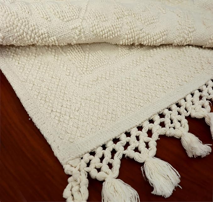 COTTON CRAFT Woven Area Rug - 2 Pack Cotton Jacquard Textured Rug - Boho Farmhouse Rustic Throw Rug with Fringe - Machine Washable Accent Mat for Bedroom Living Room Entryway Nursery - 20x32 - Ivory