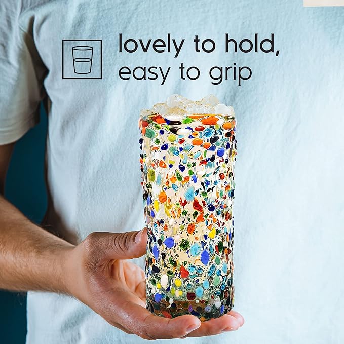 Confetti Rocks 20 oz Tall Iced Tea Glasses (set of 6) | Hand Blown Drinking Glasses, Multicolor Mexican Glassware Tumblers for Water, Juice, Margaritas & Cocktails | Lead-free, Toxin-Free