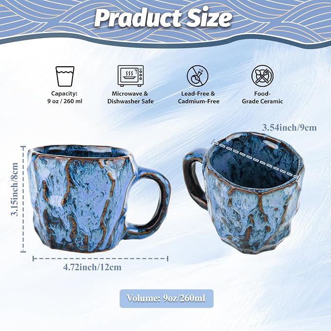 DorkTees 9oz Handmade Reactive Glaze Stoneware Coffee Mug, Luxury Rustic Textured Cup with Handle, High-Fired Ceramic Mug, Microwave & Dishwasher Safe, Gift for Coffee Lovers. (Blue)