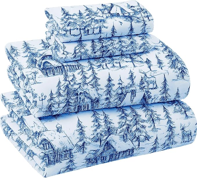 Briarwood Home® Printed Flannel Sheet Set, 100% Natural Cotton, Soft, Warm & Deep Pocket, Advanced Nano-Tech Making it Resistance to Pilling; Brushed 6 Times for Softness (Blue Sylvania, Twin)