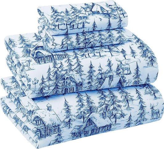 Briarwood Home® Printed Flannel Sheet Set, 100% Natural Cotton, Soft, Warm & Deep Pocket, Advanced Nano-Tech Making it Resistance to Pilling; Brushed 6 Times for Softness (Blue Sylvania, Twin)