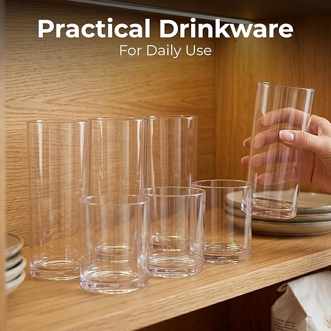 Zulay Kitchen Plastic Drinking Glasses (Set of 16) – Mixed 16oz & 12oz Acrylic Shatterproof Cups for Home, Kitchen & Outdoors – Crystal Clear Glass Look – BPA & Lead-Free – Top-Rack Dishwasher Safe