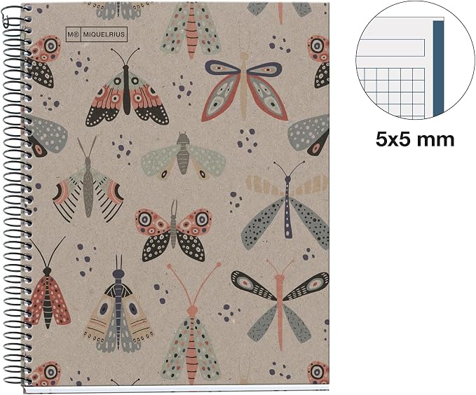 Miquelrius - A5 Notebook, 5 mm Grid, 80 g/m² Recycled Paper, 80 Sheets of one Colour, Recycled Notebook, Spiral, Squared Notebook, Eco Butterflies