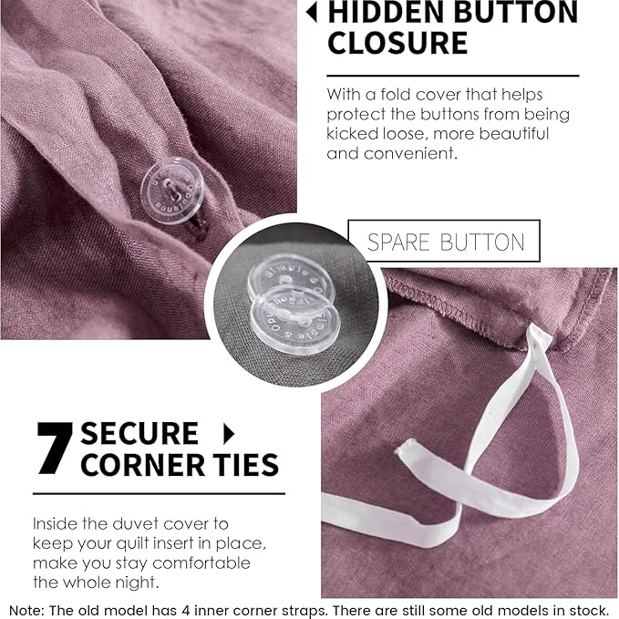 Simple&Opulence 100% Linen Duvet Cover Set 3pcs Basic Style Natural French Washed Flax Solid Color Soft Breathable Farmhouse Bedding with Button Closure - Purple, Queen