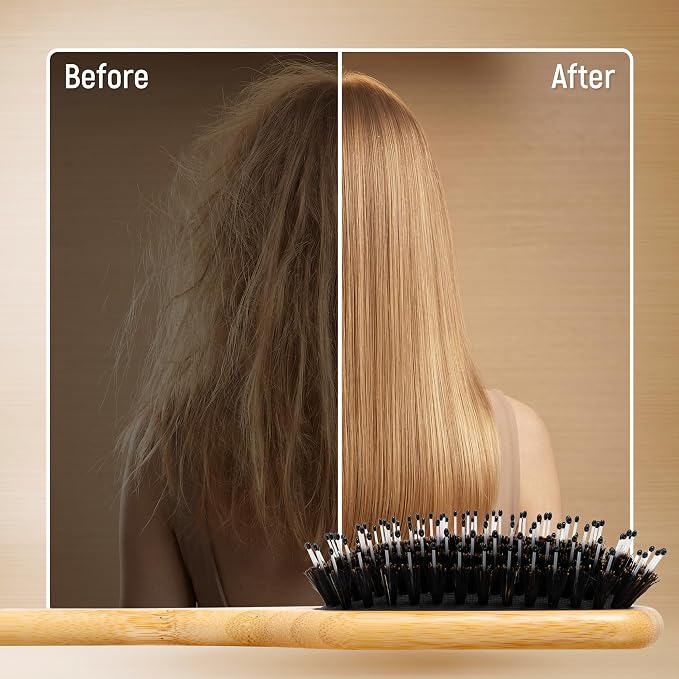 BFWood Boar Bristle Hair Brush - Natural Bamboo Hair Brush with Boar Bristle, Paddle Detangling HairBrush for Women Men Thick Curly Thin Long Short Wet Dry