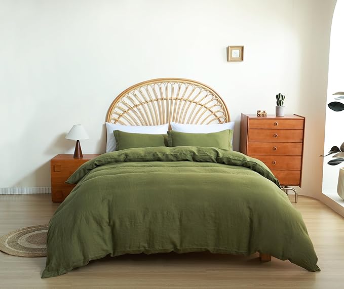 100% French Flax Linen Duvet Cover Set, King Size 104''x92'' 3 Pcs with 4 Corner Ties and Button Closure, Soft and Breathable for All Season(Olive Green, King)