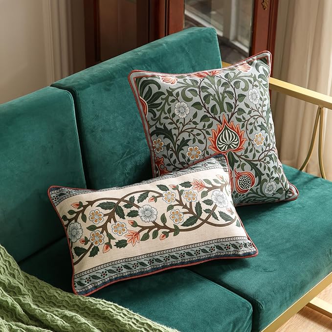 ISAENNE Design Lumbar Retro Elegant Linen Throw Pillow Covers 12"x20" Pack of 2, Blue Gray Floral Vine Pattern Cushion Covers Decor Rectangle Pillowcases for Bed,Living Room,Outdoor,Car