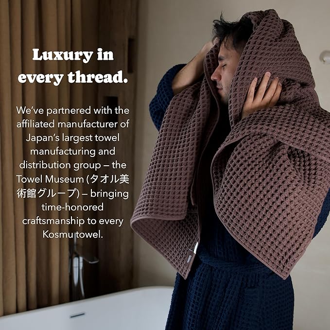 Luxury Organic Japanese Cotton Waffle Bath Towel | Thick, Absorbent, Quick Dry Bathroom Towels for Shower, Sauna, Onsen| Hotel & Spa Quality, Gift-Ready (Dark Cocoa, Bath Towel Set (3-Piece))