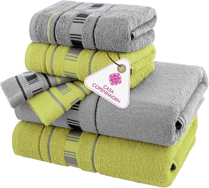 CASA COPENHAGEN X Line 6Pcs 100% Egyptian Cotton Large Designer Towels Gift Set- Grey - Green, 600 GSM, 2Bath 2Hand 2Washcloths, Bath Towels for Bathroom Set for Women & Men