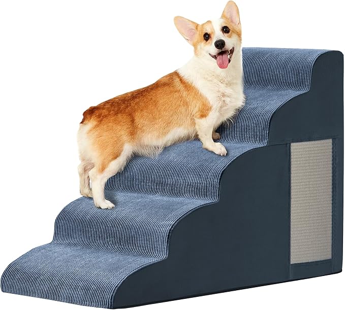 Pet Stairs, Dog Stairs for Small Dogs, Dogs Steps, 5-Step Curved Dog Ramp for Bed, Couch, Sofa, Car and Chairs, Non-Slip Bottom Design, Cat Scratching Board, High Density Foam Portable Pet Step, Navy