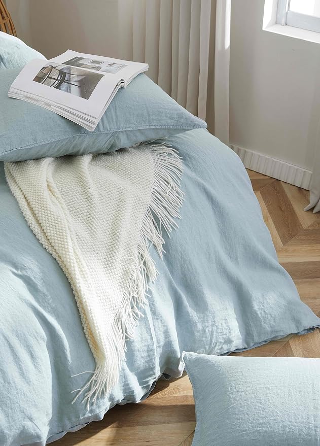 100% French Flax Linen Duvet Cover Set, Queen Size 90''x90'' 3 Pcs with 8 Corner Ties and Button Closure, Soft and Breathable for All Season(Blue, Queen)