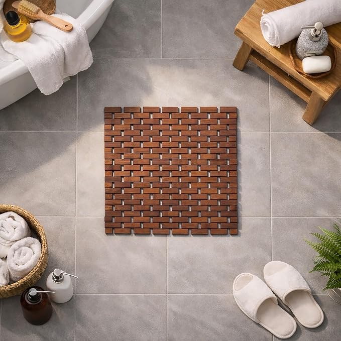 Square Natural Bamboo Bathroom Mat, Non Slip Bath Mat, Perfect for Shower | Spa and Sauna, Kitchen Mat, Outdoor Patio, Non-Slip Design, Foldable Convenience, Water-Resistant Material, Spa Room, Brown