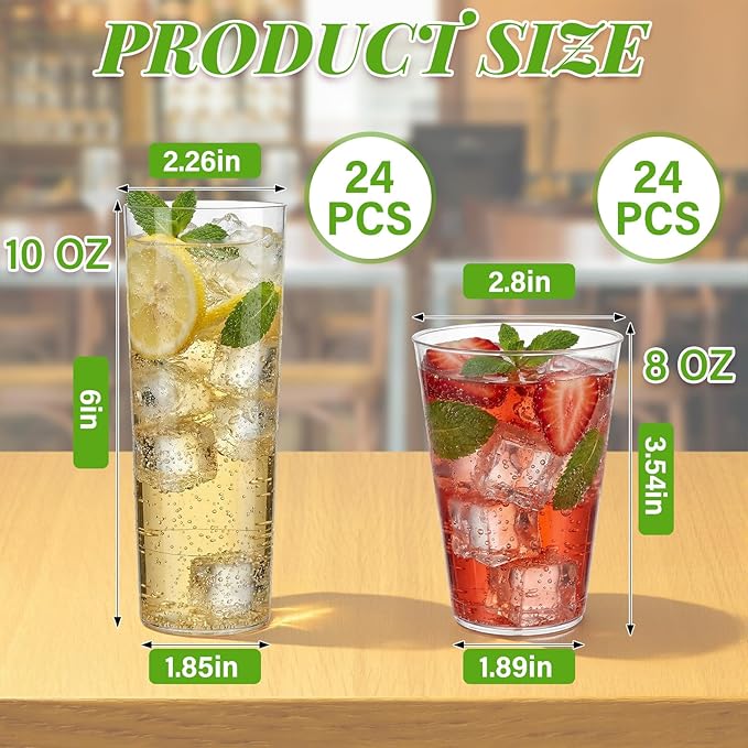 48 Packs Clear Plastic Drinking Glasses Set 10oz Hard Plastic Highball Drinking Glasses & 8 oz Water Cups Collins Whiskey Cups Smoothie Tumbler Drinkware for Iced Coffee, Beer, Cocktail