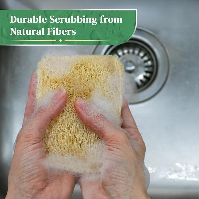 Natural Loofah Kitchen Sponge (3 Pack) - Natural Sponges for Dishes - Eco Friendly and Compostable Sponges - Biodegradable Plant Based Kitchen Dish Sponge - Plastic Free Dish Scrubber