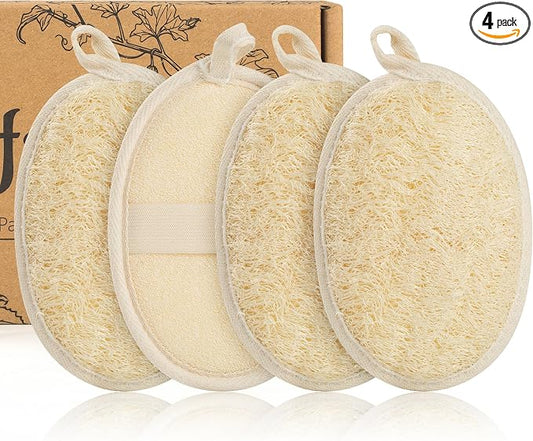 SAMEBUTECO 4 Pack Natural Loofah Exfoliating Body Scrubber Pads,Large Size 6.3x4.3 Inch Shower Loofah Sponges with Elastic Strap & Hanging Loop, Bath Scrubber for Adults