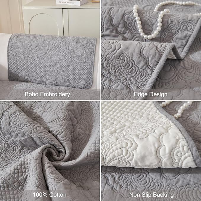 vctops Boho Cotton Quilted Couch Cover Soft Embroidered Sofa Cover Non-Slip Dog Bed Cover Scalloped Sofa Slipcover Washable Furniture Protector Cover (Light Grey,43"x94")