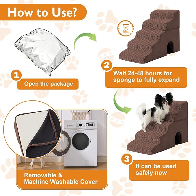 Dog Stairs for Bed 19.5’’ H, 4-Step Dog Steps for High Bed, Pet Stairs for Small Dogs and Cats to Get on Beds, Couch, Non-Slip Balanced Pet Steps and Ramp with Waterproof Cover and Tunnel, Brown