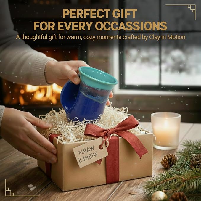 Clay in Motion Hand Warmer Coffee Mug – Handmade Coffee Mug With Comfortable Handle Contoured Pocket Hand Warming Ceramic Coffee Mug – Proudly Made in USA – Left Handed – 14 Oz - Mystic Waters