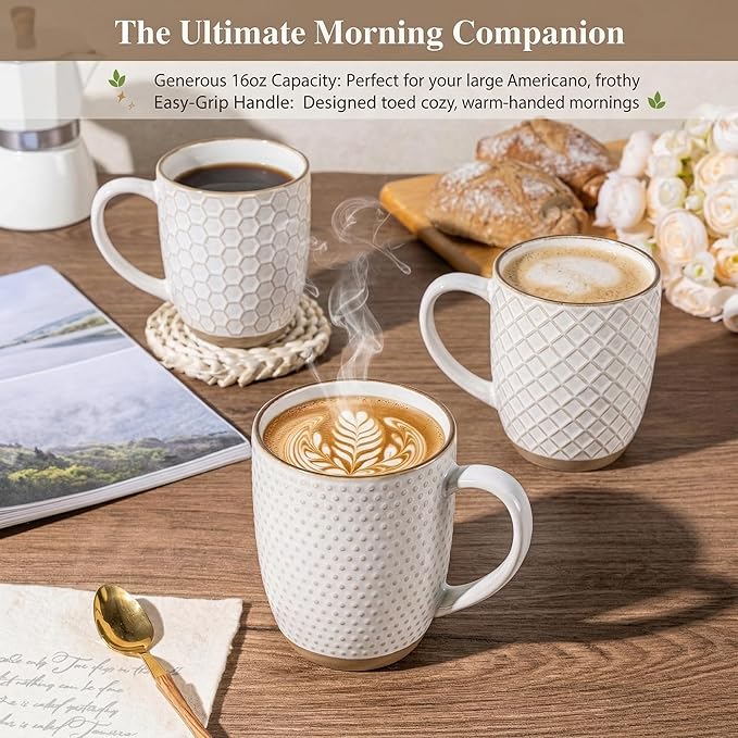 GBhome Large Coffee Mugs Set of 6, 16oz Handmade Embossed Coffee Mugs Set with Large Handle for Cappuccino/Latte/Tea/Hot Cocoa, Dishwasher & Microwave Safe, Off White