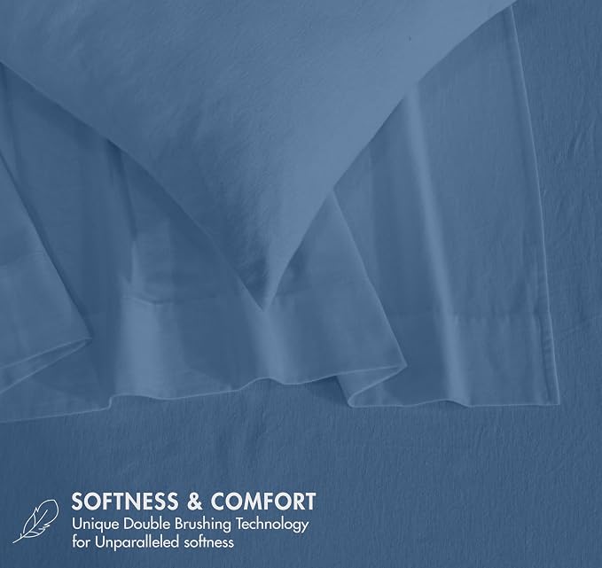 RUVANTI Flannel Sheets Queen Size - GOTS Certified 100% Organic Cotton, 4 Piece Warm, Soft & Breathable Set, Deep Pocket Snug Fit, Double Brushed Cozy All Season Bedding, Denim Blue