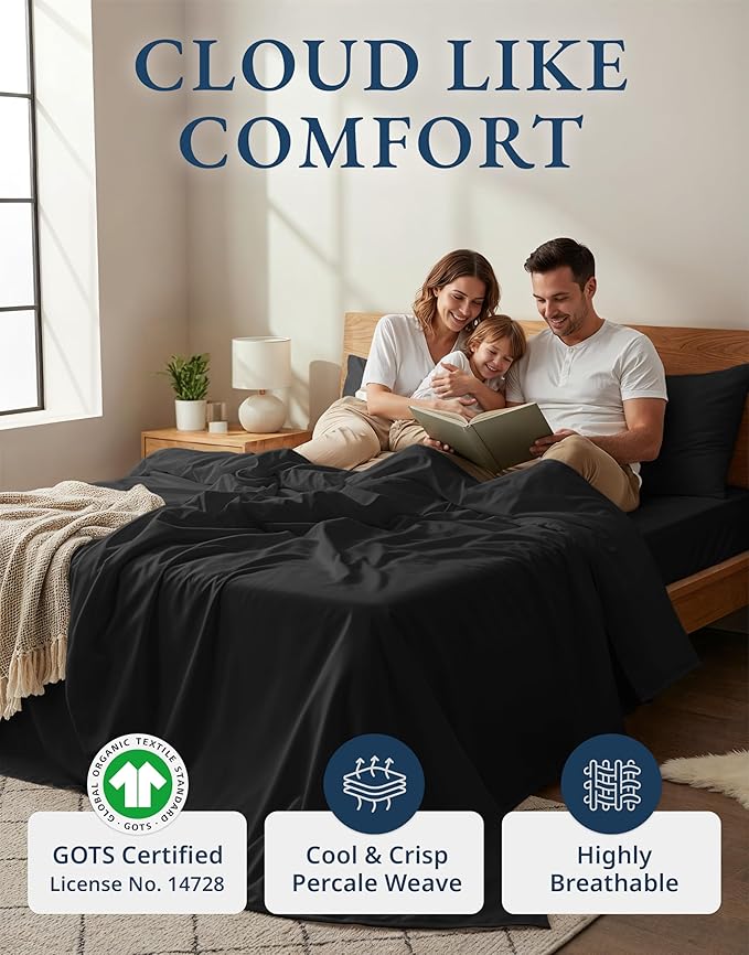 LANE LINEN 100% Organic Cotton Queen Size Sheets Set, Machine Wash Fully Elasticized Naturally Cooling Percale Weave Queen Size Deep Pocket Sheet Sets, Low Pill Eco Friendly Bed Sheets- Black
