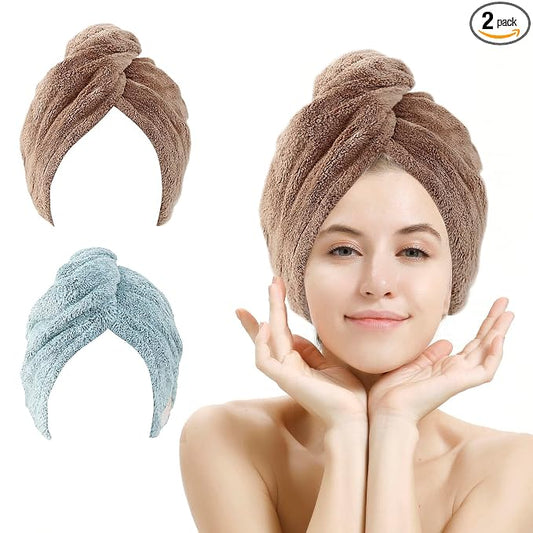 M-bestl 2 Pack Hair Drying Towels, Hair Wrap Towels,Absorbent Microfiber Hair Towel Turban with Button Design to Dry Hair Quickly(Star Green&Camel)