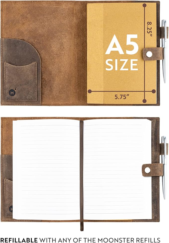 moonster A5 Refill Paper Lined, 320 Pages – A5 Paper Inserts (8.3x5.9 in) for Refillable Leather Notebooks – 70gsm Smooth Writing Journal Refill Page with Bookmark