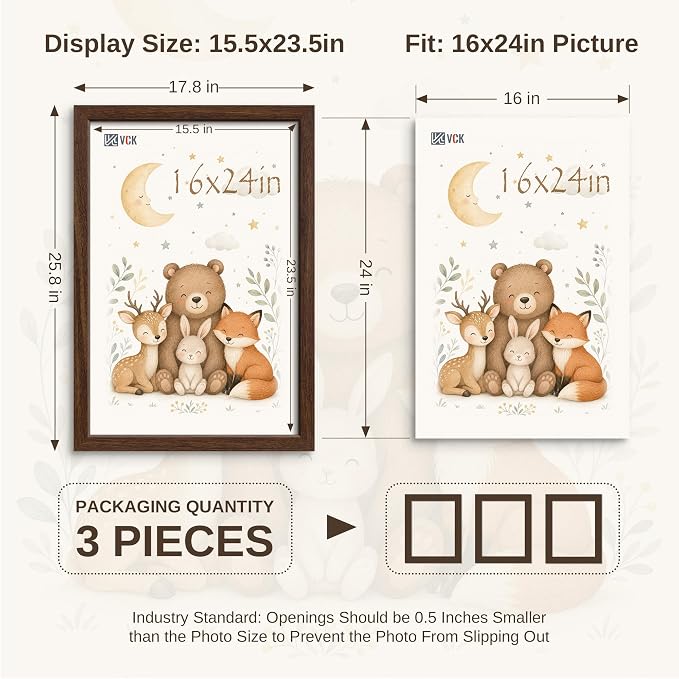 VCK 16x24 Poster Frame 3 Pack - Brown Solid Wood Picture Frames with Exclusive Wood Grain, Wall Hanging