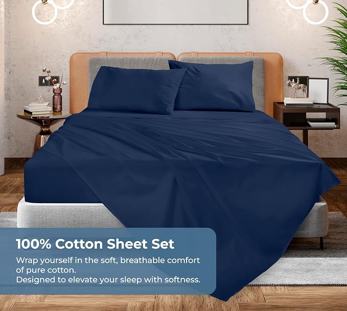 ROYALE LINENS 100% Organic Cotton King Sheet Set - Percale Weave - 4 Pieces Set - 1 Flat, 1 Deep Pocket Fitted Sheet and 2 Pillowcases - Navy Bed Sheets - Sábanas King - Crisp Cool (Navy)