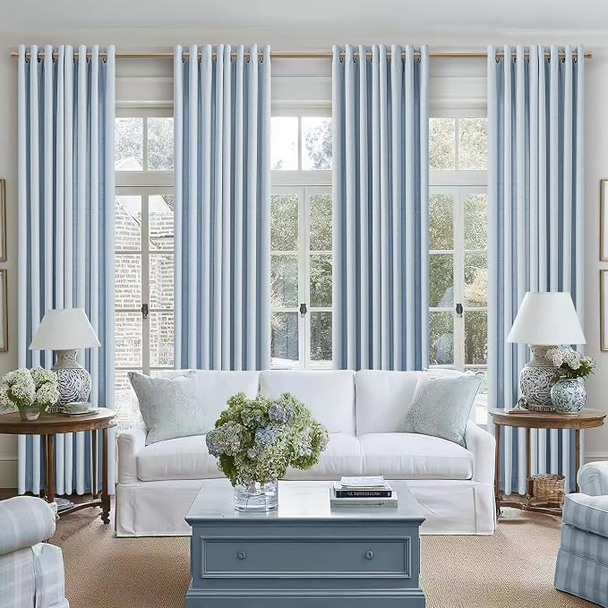 Blue Semi Sheer Curtains for Girls Bedroom Flax Linen Light Filtering Privacy Non See Through Grommet Drapes Modern Coastal Boho Light Blue Curtains 90 Inch Curtains 2 Panels Set Stone Blue