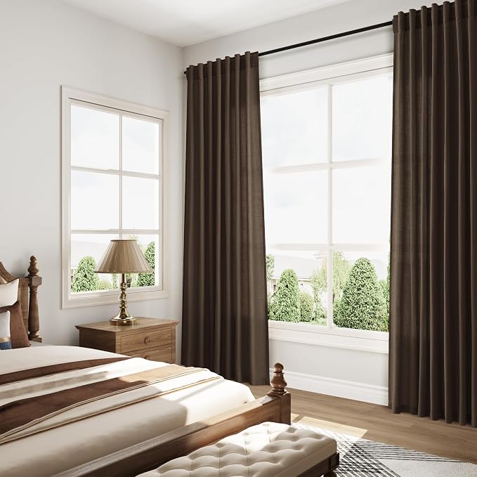 Nanspring Chocolate Linen Blend Light Filtering Back Tab Curtains 108 Inches Long, Semi Sheer Privacy Drapes for Living Room & Bedroom, 52x108 inch, 2 Panels