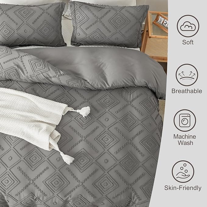 EMME Duvet Cover Queen Size, Boho Tufted Comforter Cover, 3 Pieces Embroidery Chic Bedding Set for All Seasons, 1 Duvet Cover + 2 Pillowcases (Dark Grey, Queen)