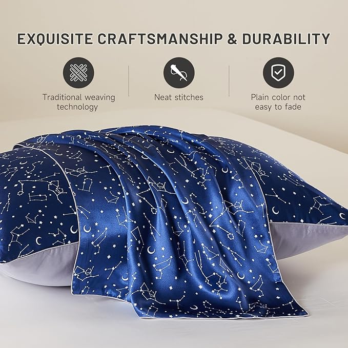 THXSILK Mulberry Silk Pillowcase for Hair and Skin, 6A+ Grade Mulberry Silk Pillow Case Queen Size 20"x30", Real Silk Pillowcase with Zipper, Anti Aging Acne Free(Navy Blue Constellation Pattern)