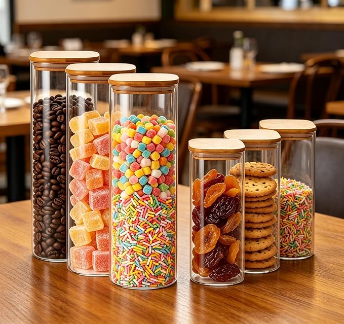 3L and 1.28L Glass Food Storage Containers with Lids - Set of 6 | Square Airtight Food Containers for Kitchen Pantry, Cereal, Coffee, Flour, Sugar