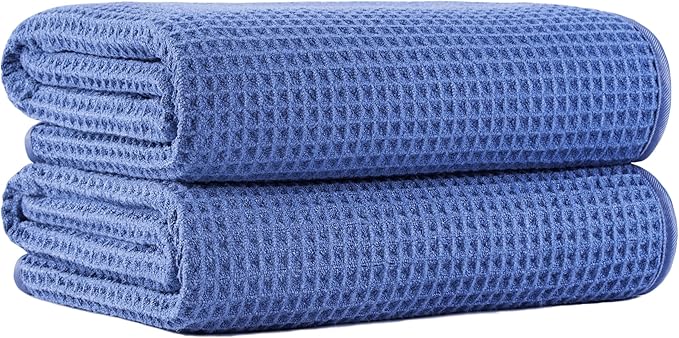 MICROFI New Microfiber Waffle Bath Towels, 2 Pieces, Soft, Absorbent, Fast Drying, Lint Free 430 GSM (Dark Blue)