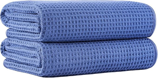 MICROFI New Microfiber Waffle Bath Towels, 2 Pieces, Soft, Absorbent, Fast Drying, Lint Free 430 GSM (Dark Blue)