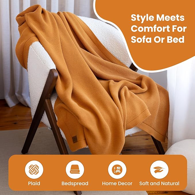 Dalisa 100% Organic Turkish Cotton Throw Blanket - GOTS Certified, Cozy - Perfect for Couch, Bed, and Home Decor - Boho Vintage Knit Alina (Saffron Gold, 60x80)