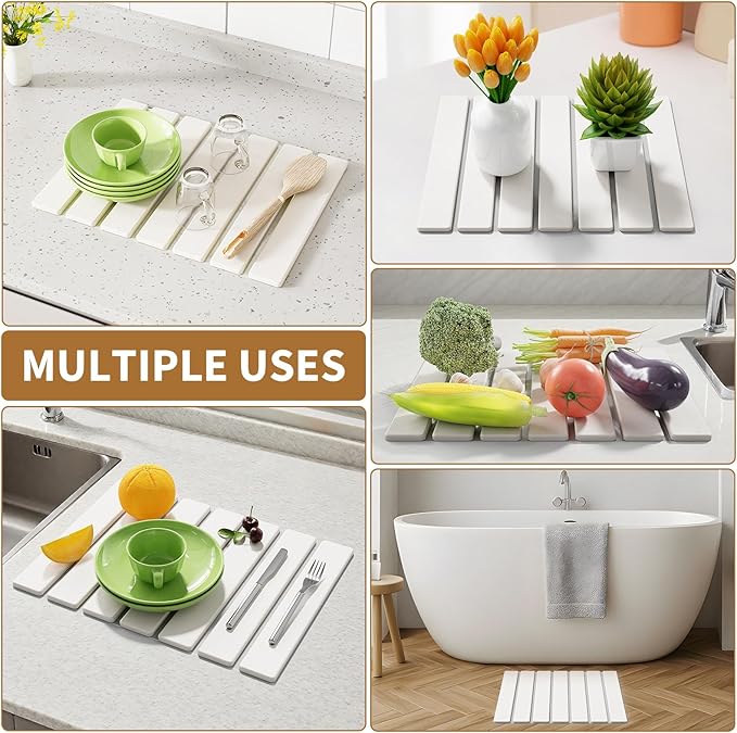 Stone Dish Drying Mat for Kitchen Counter,15.5''x11.8'' Foldable Quick Dry Stone Kitchen Mat,Eco-Friendly,Absorbent Diatomaceous Earth Mats for Dishes Bottles Cups Bathroom Any Countertop-White