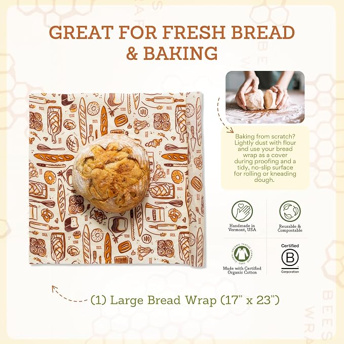 Bee's Wrap Discovery Trio - Beeswax Food Wraps Bundle Includes 1 Bakey Lane Bread Wrap, 1 Bees & Bears Bread Wrap, & 5 Assorted Prints - Made in the USA Beeswax Reusable Wraps for Food