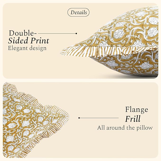 CPC Block Print Ruffle Throw Cover Mustard Regal 24"x24" Inch Pack of 2-100% Cotton Ruffle Couch Decorative Boho Pillows Case for Living Room, Bedroom, Sofa, Farmhouse Gift for Spring, Mother's Day