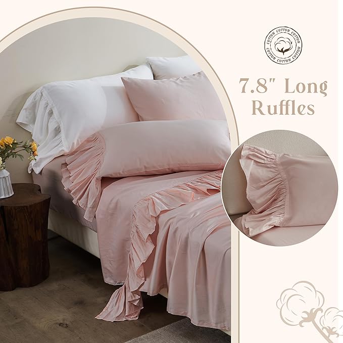 Simple&Opulence 100% Organic Cotton Sheet Set, Long Ruffle Bed Sheets (1 Flat Sheet, 1 Fitted Sheet and 2 Pillowcases) Elegant Shabby Chic Bedding Farmhouse Charming Vintage - Pink, Queen