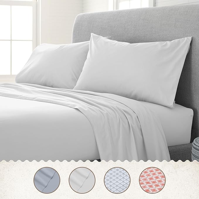 EcoPure Queen Size Sheet Set, White | 100% Organic Cotton, Comfort Washed, Cooling, Deep Pocket, GOTS Certified