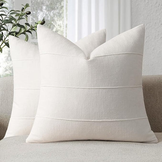 Decorative Linen Throw Pillow Covers 26x26 Set of 2 Solid handcrafted Striped Cushion Covers for Bed Soft Modern Farmhouse Neutral Pillowcase for Couch Bedroom Living Room Home Decor(Cream White)