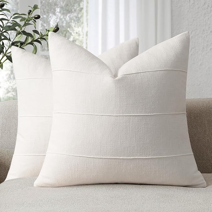 Decorative Linen Throw Pillow Covers 16x16 Set of 2 Solid handcrafted Striped Cushion Covers for Bed Soft Modern Farmhouse Neutral Pillowcase for Couch Bedroom Living Room Home Decor(Cream White)