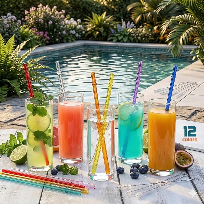 ALINK 24 Pcs Reusable Straws, 10.5 Inch Long Tritan Hard Plastic Straws with 4 Brushes, 12 Colors Clear Repacement Straw for 30oz 20oz 16oz Tumbers, Stanley, Starbucks, YETI, Mason Jars, BPA Free