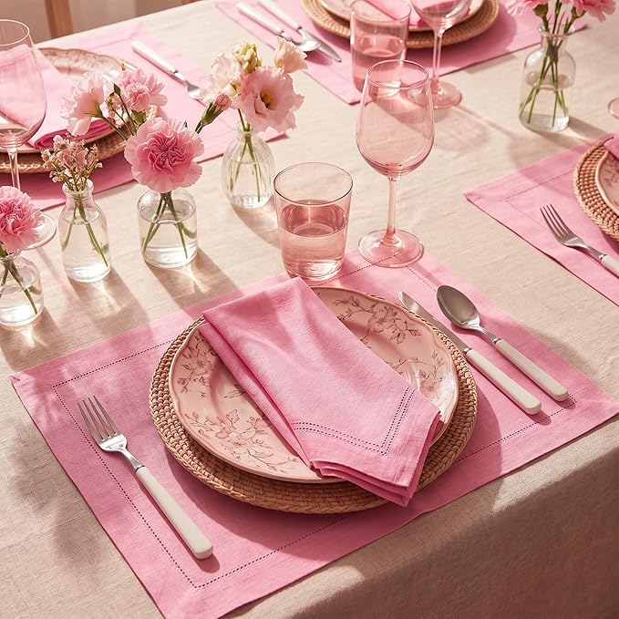 Solino Home Linen Cloth Napkins Set of 4-100% Pure Linen Pink Carnation Dinner Napkins 20 x 20 Inch - Maison Washed Hemstitch, Handcrafted and Machine Washable - Summer
